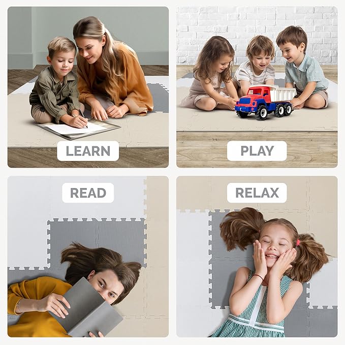 TOYVELT Foam Puzzle Floor Mat for Kids 12x12-16 Interlocking Play Mat Tiles with Colors - Educational Large Puzzle Foam Floor Tiles for Crawling, Non-Toxic - Cream-Gray-Beige