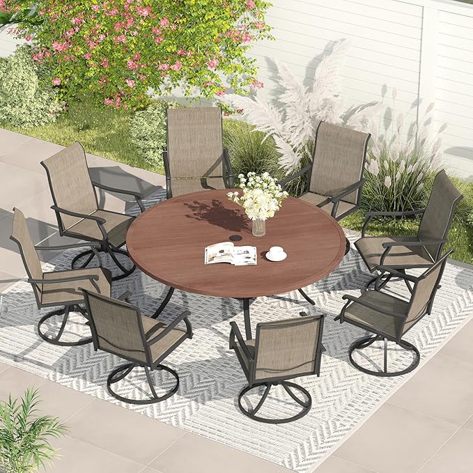 VICLLAX 53" Outdoor Round Patio Table for Lawn Garden, All Weather Metal Round Patio Dining Table with Adjustable Umbrella Hole, Patio Table for 8 Person, Walnut Tabletop