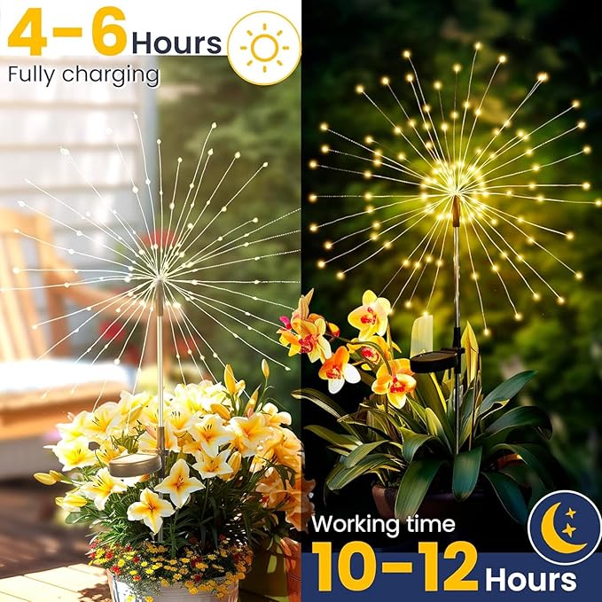 2 Pack Solar Firework Lights 150 LED Create Magical Nights, Waterproof Starburst Fairy Lights for Garden Yard Patio Christmas Romantic Wedding Party Decor(Warm White)