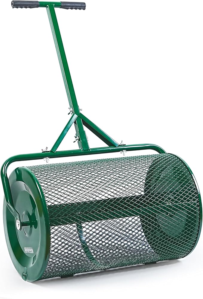 Compost Spreader- 24 inch Peat Moss Roller With improved T shape handle-Lawn & Garden Spreader For Top Dressing Compost, Fertilizer, Mulch And Soil- Strong and Lightweight material for basket