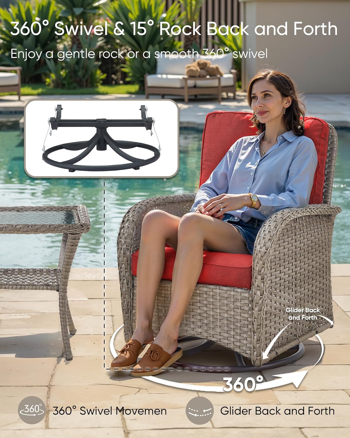 HUMMUH 7 Pieces Outdoor Furniture Set-All Weather Wicker Rattan Couch with Outdoor Rocking Chair Patio Furniture for Deck Lawn Porch Balcony Poolside-Grey/Red