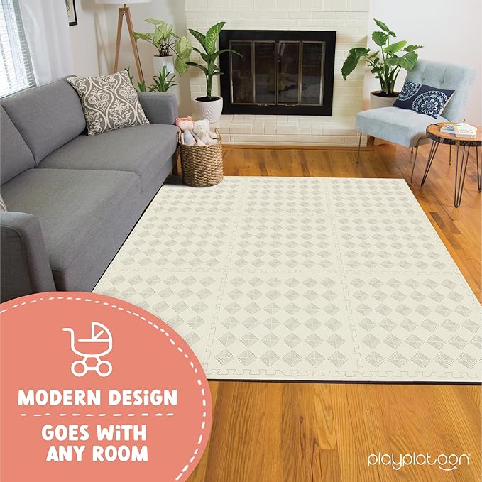 Play Platoon Large Kids Mats for Floors, 9 Tile 72 x 72 inch, Extra-Thick Interlocking Tiles, 24 x 24 in. Puzzle Mat Pieces with Border, Non-Toxic, Neutral Playmat Rug for Toddlers & Children