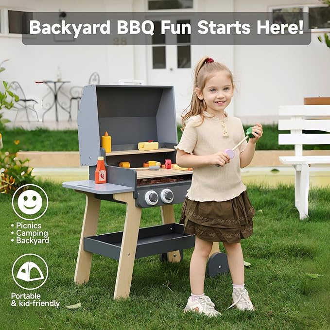 Kids BBQ Grill Playset Toy for Toddlers & Children Ages 3-8, Wooden Outdoor Indoor Pretend Play Cooking Toys with Toy Food and Grilling Tools, for Girls & Boys