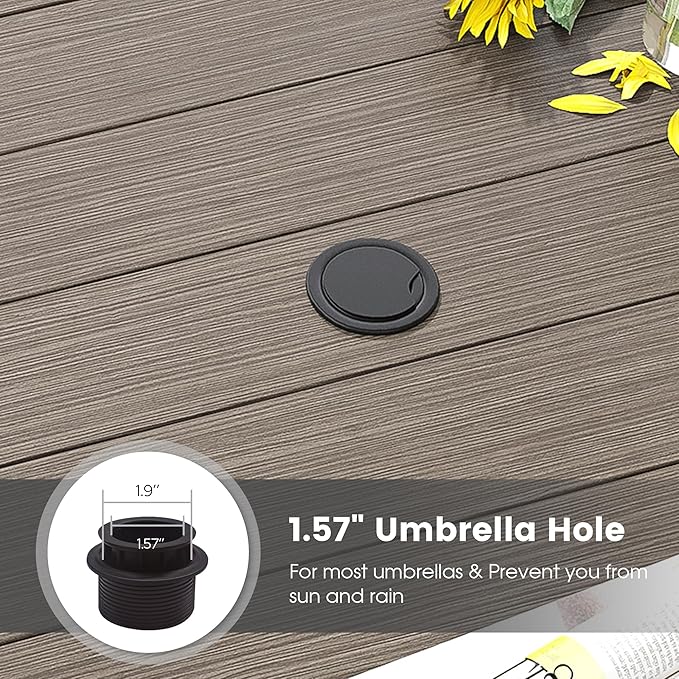 DIFY 48" Round Patio Dining Table for 6, Outdoor Metal Dining Table with 1.57" Umbrella Hole for Backyard Lawn Garden, Grey Wood-Like