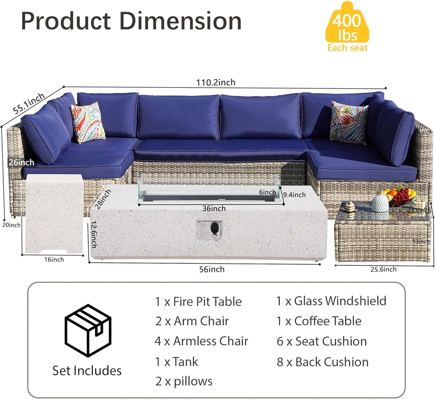 8 Piece Patio Furniture Set - Outdoor Conversation Sets with 56" Fire Table and Coffee Table, Rattan Modular Sofa Set for Garden/Poolside, Navy Blue/Grey