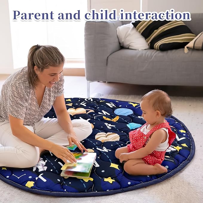 Baby Play Mat Round for Floor, GFU Non-Slip 40x40 Round Mat, Thick One-Piece Crawling Mat Blue, Infants Playmat Foldable and Machine Washable for Boys