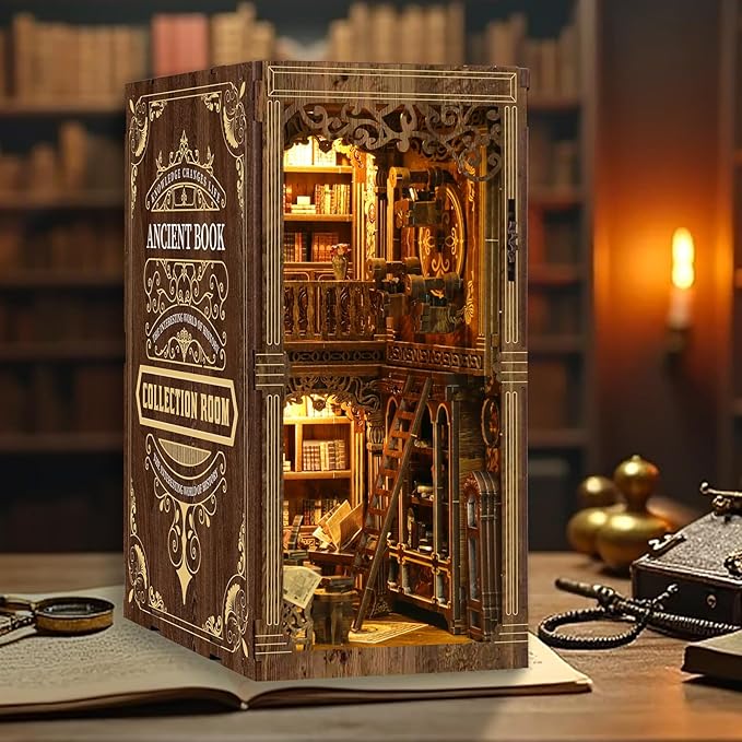 ISSEVE Book Nook Kit, DIY 3D Wooden Puzzle Dollhouse Booknook for Adults, Tiny Miniature House Kit Bookshelf Decor with LED Light and Dust Cover, Gifts for Family and Friends (Book Collection Room)