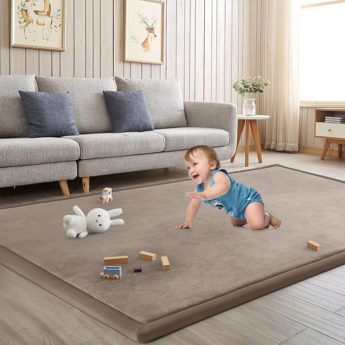 Baby Play Mat for Floor Tummy Time Mat Nursery Rug Muscle Area Rug Playroom Rug Tatami 74 * 50" Memory Foam 1.3" Thick Crawling For Babies,Toddlers, Infants, Kids,Floor(Brown)