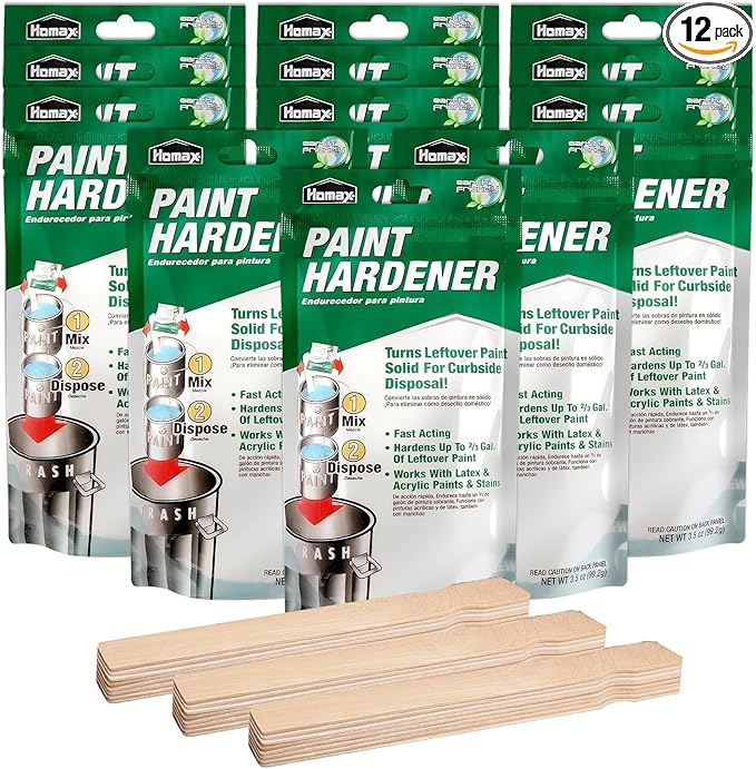 Homax Waste Away Paint Hardener, 12 Packs, 3.5oz - Fast Acting Solidifier for Disposal - Drying Powder for Acrylic & Latex With 25 Pcs. of 14 Inch Wooden Stir Sticks