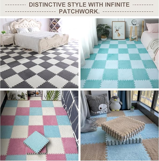 16pcs 0.6" Thickened Interlocking Tile Mats,Fluffy Shaggy Soft EVA Foam Area Rug for Living Room & Bedroom,Non-Slip Protective Floor Carpet Play Mat Kids Baby Dorm Home Decor (11.8ft, White)