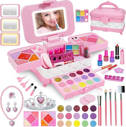60 in 1 Kids Makeup Kit, with 3-Color Led Makeup Mirror Real Washable Kids Makeup Sets for Girls 5-8, Perfect Girl Birthday Gift, Age 3+
