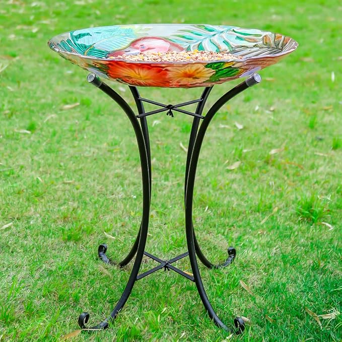 VCUTEKA 18" Outdoor Glass Birdbath with Sturdy Metal Stand for Lawn, Yard, or Garden Decor Bird Lovers Gift, Flamingo Bird Bath Detachable, 22" Height