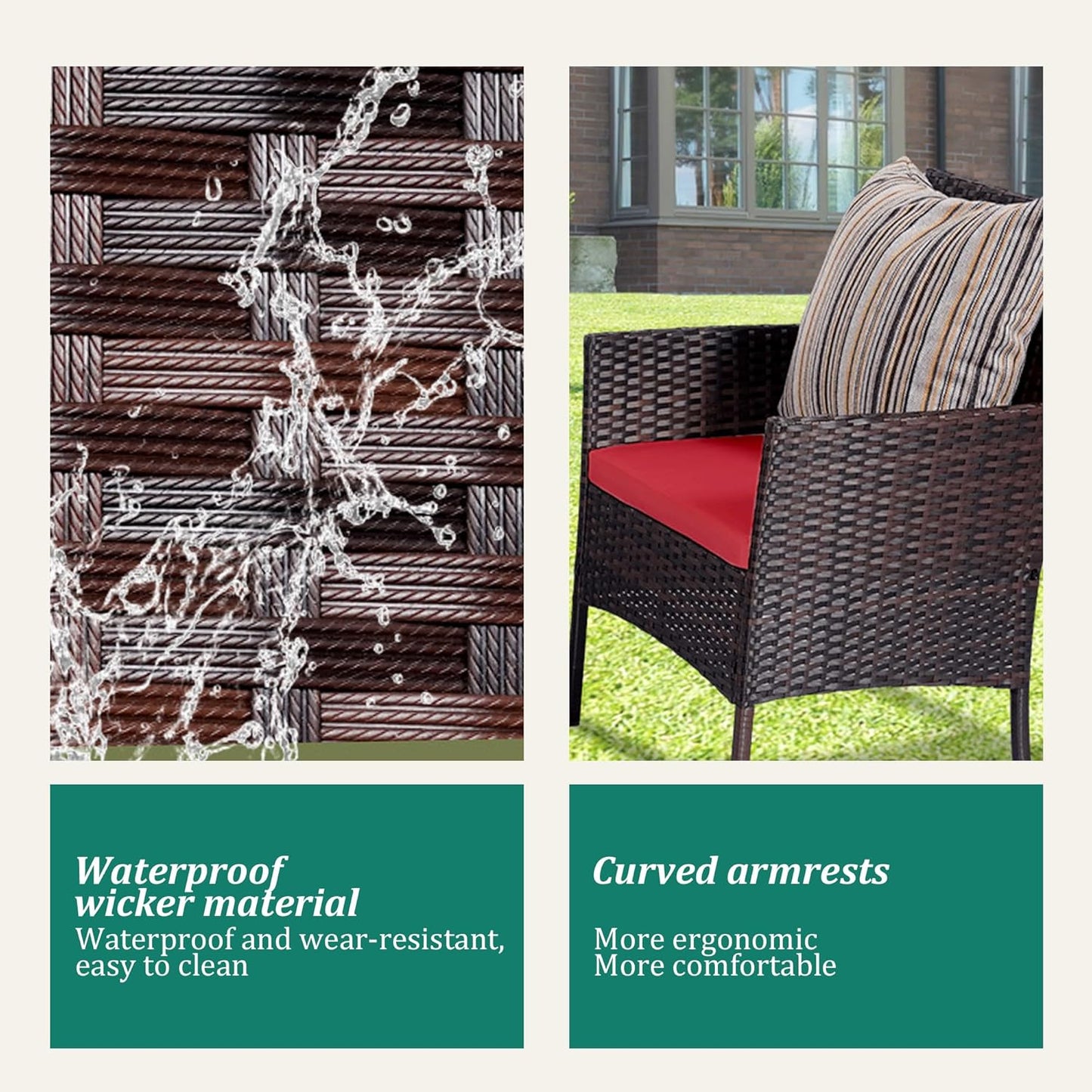 4 Piece Patio Furniture Set - Outdoor Conversation Sets with Coffee Table, Rattan Chair Set for Garden/Poolside, Brown/Red