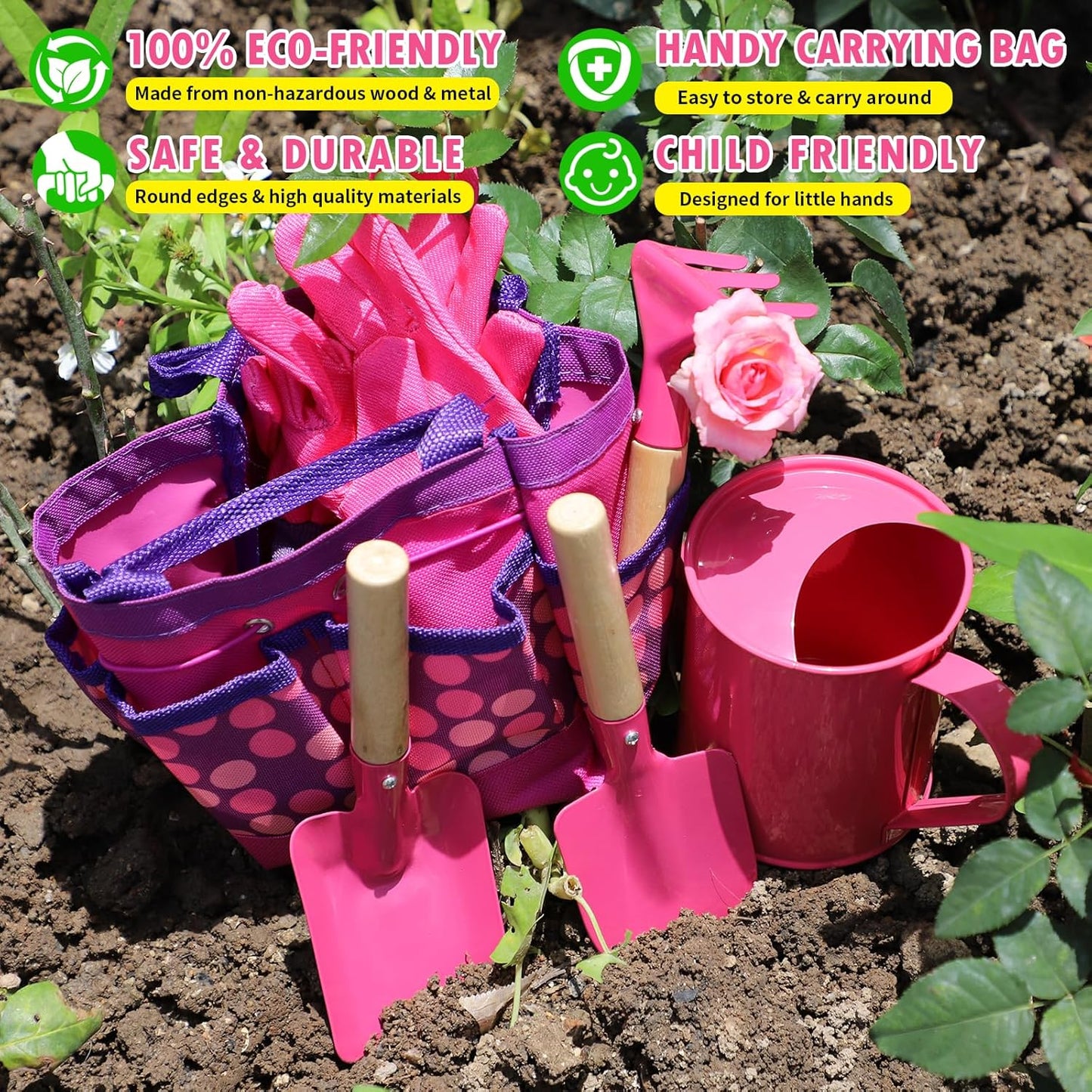 Kids Gardening Tools Set, Toddler Play Kit Child Outdoor Toy with Gloves, Watering Can, Metal Shovel, Rake, Spade & Storage Bag, Backyard Sand Digging Birthday for Boys Girls 3-5 (Pink)