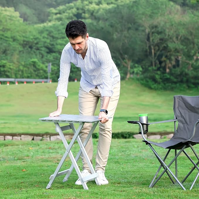 SUNNYFEEL Folding Camping Table - Lightweight Aluminum Portable Picnic Table, 18.5x18.5x24.5 Inch for Cooking, Beach, Hiking, Travel, Fishing, BBQ, Indoor Outdoor Small Foldable Camp Tables