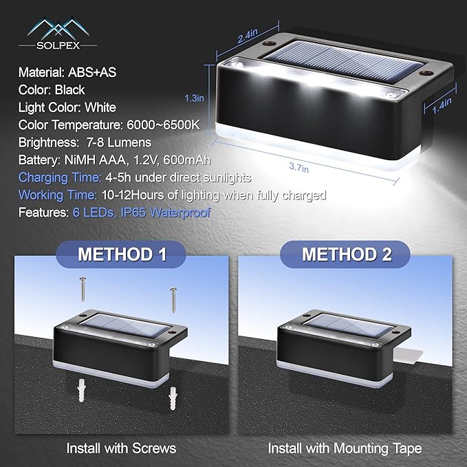 SOLPEX Solar Fence Lights, 6 LEDs Solar Lights Outdoor Waterproof Solar Powered for Deck, Stair, Front Porch, Balcony, Walkway, Garden, Yard, Patio, Pool Decor, IP65 Waterproof (4 Pack, Cold White)