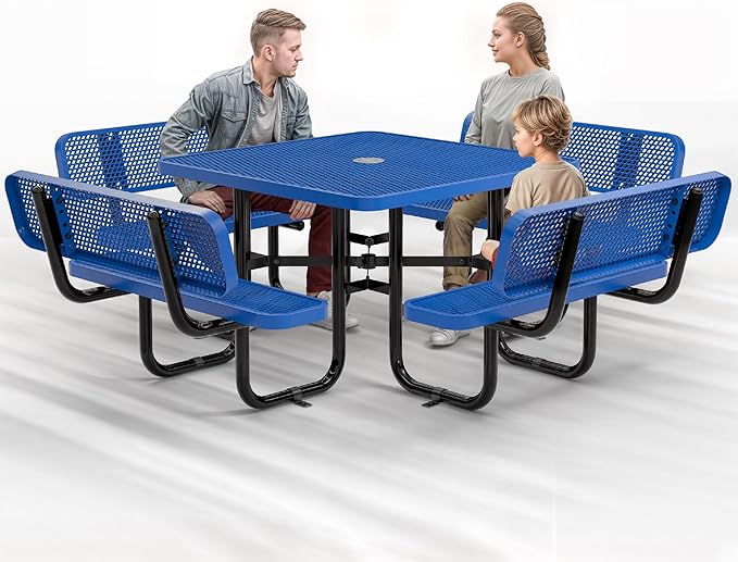 Metal Picnic Tables for Outdoors with Umbrella Hole - Coated Steel Heavy Duty Commercial Grade Table with Adjustable Seats (Blue, 46 in, Square with Back, Expanded Steel)