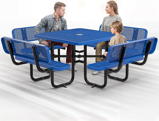 Metal Picnic Tables for Outdoors with Umbrella Hole - Coated Steel Heavy Duty Commercial Grade Table with Adjustable Seats (Blue, 46 in, Square with Back, Expanded Steel)