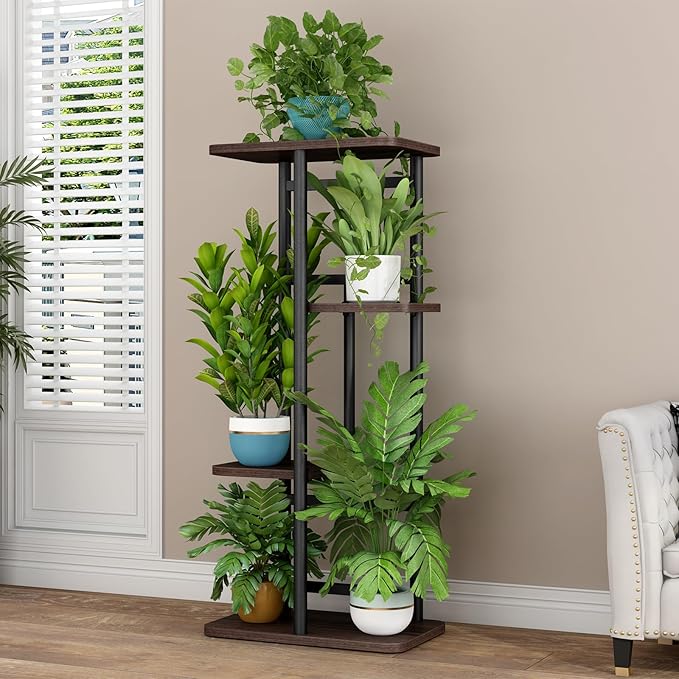 LINZINAR Plant Stand 4 Tier 5 Potted Indoor Plant Shelf Multiple Stands for Garden Corner Balcony Living Room