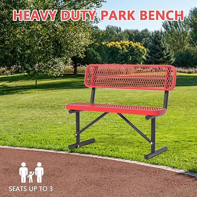 Heavy Duty Park Bench with Back Portable Frame, Outdoor Steel Bench with Backrest, Outdoor Park Bench Expanded Metal Mesh Bench for Lawn, Park, Deck, Garden, Patio, Porch, Black (Red, 4FT)