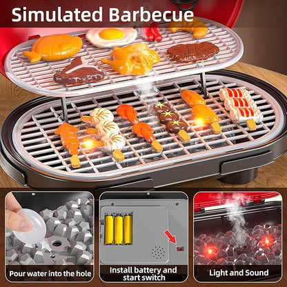Kids BBQ Grill Playset for Kids Ages 4-8, Play Kitchen Toys with Smoke & Light for Boys Ages 3 4 5 6 7, 2-Layer Barbecue Toys Play Food Set, Indoor Outdoor Cooking Toy for Boys Girls 3-5