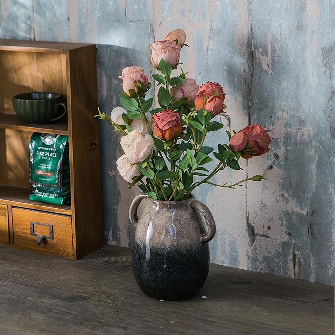 Brown Gradient Ceramic Vase with 2 Handles, Modern Farmhouse Decor, Rustic Terracotta Pottery, Decorative Flower Vases, Clay Small Vase, Centerpiece for Dining Table - 7 Inch Tall