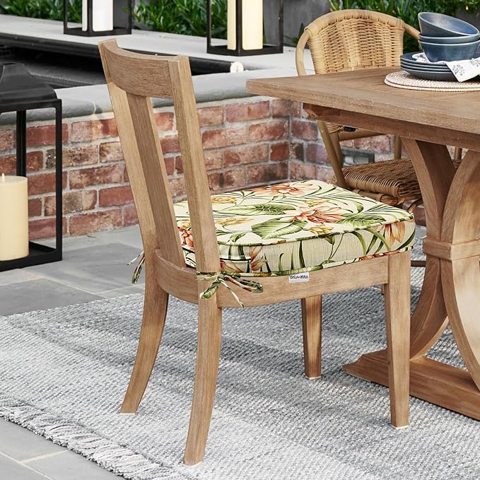 Round Corner Seat Cushions, 17" x 16" x 2", Set of 4, Indoor Outdoor Water Repellent Universal Chair Pads with Ties for Patio Furniture, Garden Deck Dining Chairs, Leaf and Flower