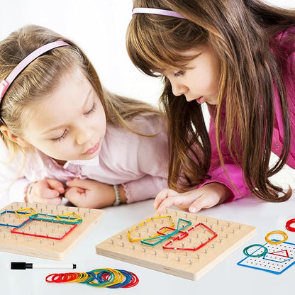 2Pack Wooden Geoboard,Montessori Toy,Graphical Mathematical Education Toy for Kids with Pattern Cards and Rubber Bands to Figures and Shapes, Brain Teaser STEM Toy Geo Board.