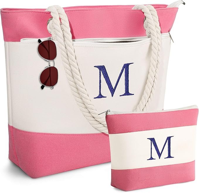 YOOLIFE Beach Bags for Women - Initial Tote Waterproof Bag with Makeup Bag, Mothers Day Gifts for Women Mom Friend Birthday