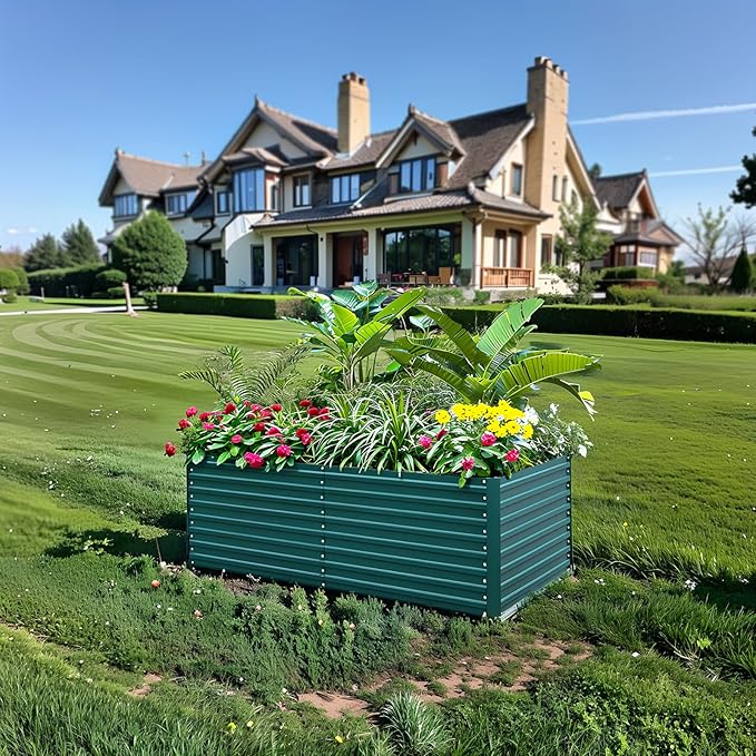 Raised Garden Bed Kit-6x3x2ft-Galvanized Steel-Ideal for Vegetables, Flowers, Herbs-Large Deep Root Planter Box-Tall Design-Includes 3ft x 30ft Weed Barrier Fabric and 1 Pair of Gloves-Green