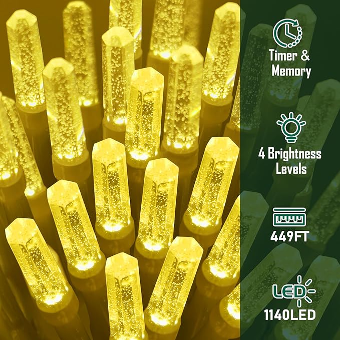 Heceltt 1140 LED 449 FT String Lights Outdoor, 8 Modes Warm White Christmas Lights Plug in, IP44 Waterproof Led String Lights with Timer and Memory for Xmas Yard Party Garden Decorations