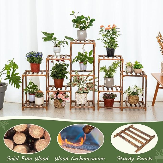 Uneedem Wood Plant Stand Indoor Outdoor Corner Plant Shelf Stand, 5 Tiered 10 Potted Flower Plant Stands for Indoor Plants Multiple, Plant Shelves Stands Rack for Living Room, Patio, Balcony
