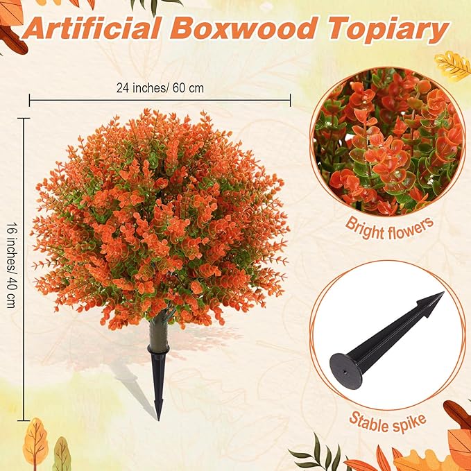 Yunlly 6 Pcs 18 Inch Fall Artificial Boxwood Ball Topiary Tree Outdoor Plants Bush, UV Resistance Faux Shrub with Spike Fall Porch Decor for Indoor Garden Yard Porch Patio Decor (Orange)
