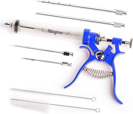 Meat Injector Marinade Gun Stainless Steel Outdoor Kit Flavor Food Syringes & 4 Marinades Needles for BBQ Grill Smoker Injectors Professional Syringe Held Culinary Barbecue Tool (Blue)