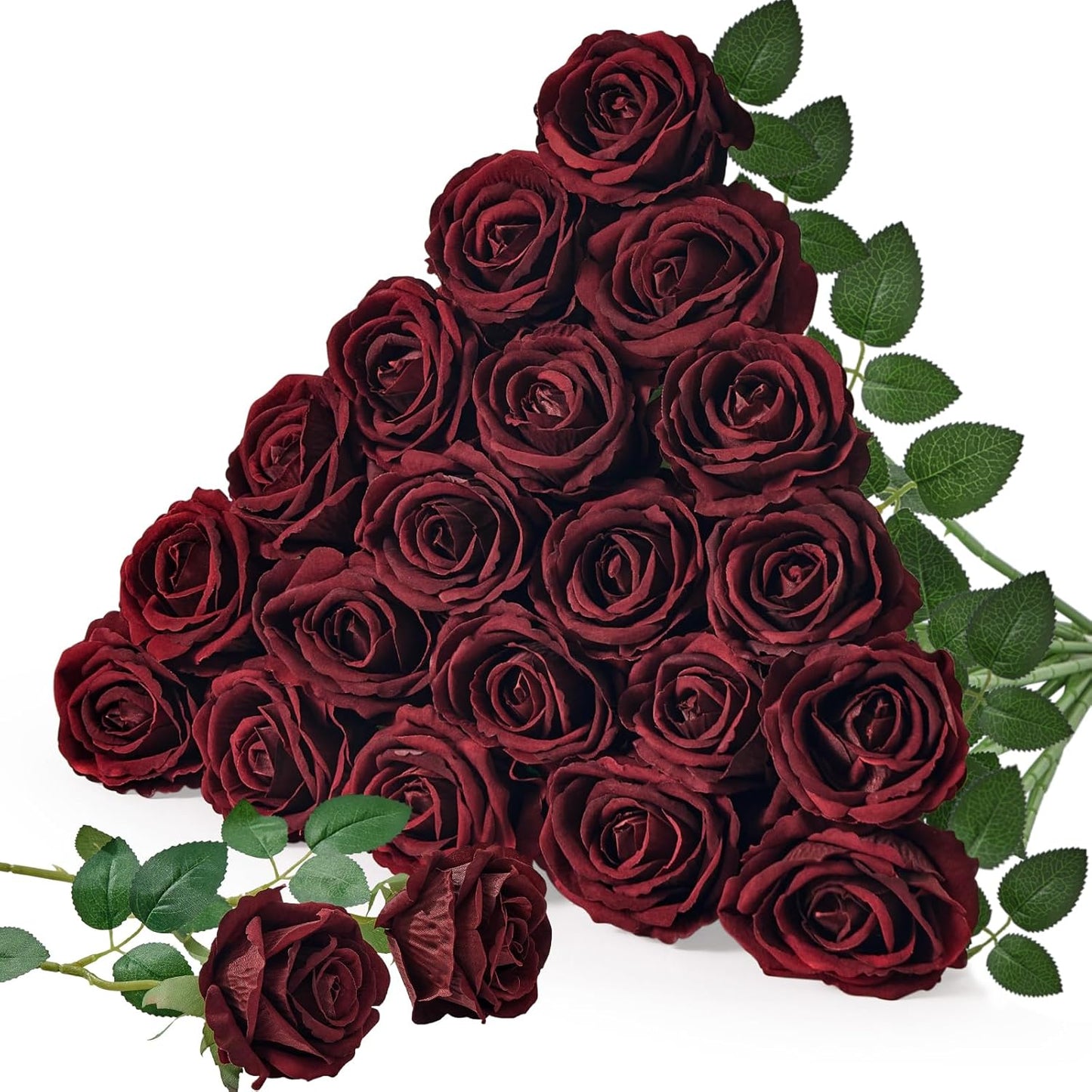 Serwalin 20pcs Artificial Dark Red Roses, 4'' Big Velvet Flower Head Fake Roses, Realistic Silk Roses Real Touch Bouquet Long Stems for Wedding Home Decor and Table Centerpiece