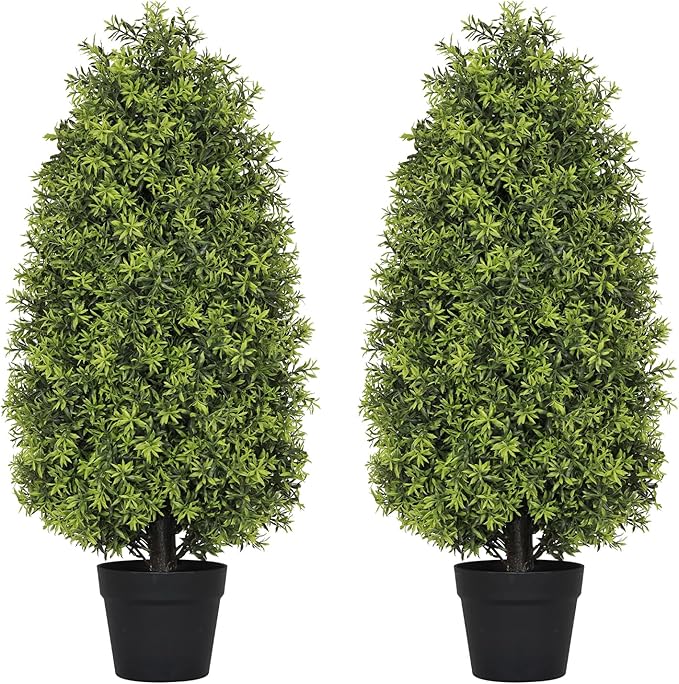 3ft Artificial Boxwood Topiary Trees (Set of 2) - UV Resistant Faux Plants for Outdoor/Indoor, Realistic 36in Fake Bushes and Shrubs for Front Porch, Planter, Patio - Low Maintenance & Evergreen