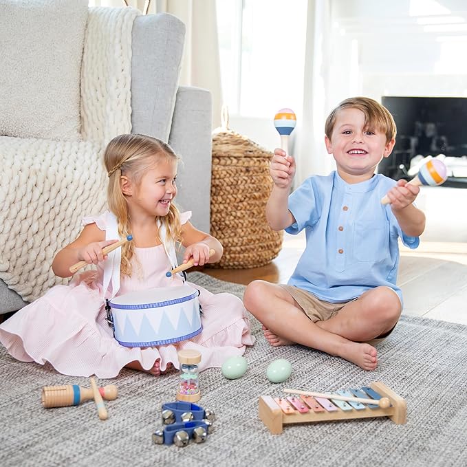 Baby Wooden Musical Instruments Set -7 PCS Montessori Percussion Toys for Toddlers & Kids - Safe Natural Wood Waldorf Toys for Hand-Eye Coordination, Sensory Play & Screen-Free Family Fun