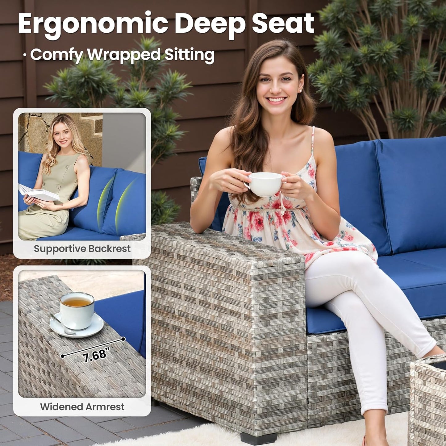 ovios 15 Pieces Patio Furniture Set, Outdoor Wicker Sectional Sofa with Swivel Chairs Coffee Table, Modern Modular Deep Seat Rattan Couch Conversation Sets, Navy Blue