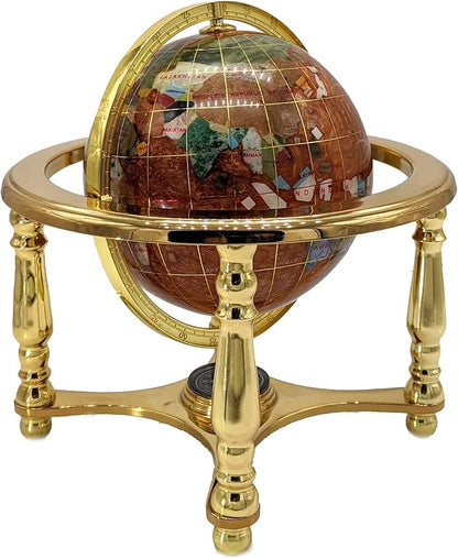Unique Art 10-Inch Tall Table Top Amber Pearl Swirl Ocean Gemstone World Globe with Gold Tripod Stand (Amber-4 Leg-Gold)