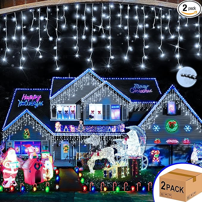 Hezbjiti 2Pack Total 800LED Icicle Lights 32.8FT Christmas Lights String Lights Outdoor Decoration 8 Modes 75 Drops Fairy Lights for Eaves Party Yard Garden Xmas Decor