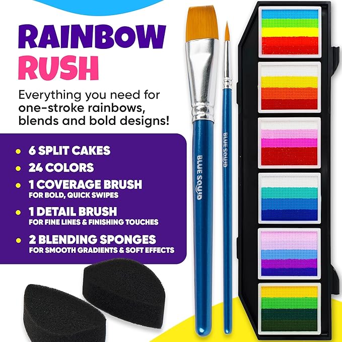 Blue Squid Face Painting Kit for Kids – Split Cake Face Paint Palette, 6 x 10g One Stroke Rainbow Colors, with Brushes & Stencils - Non-Toxic, Water Activated - Kids Party & Halloween Makeup Kit