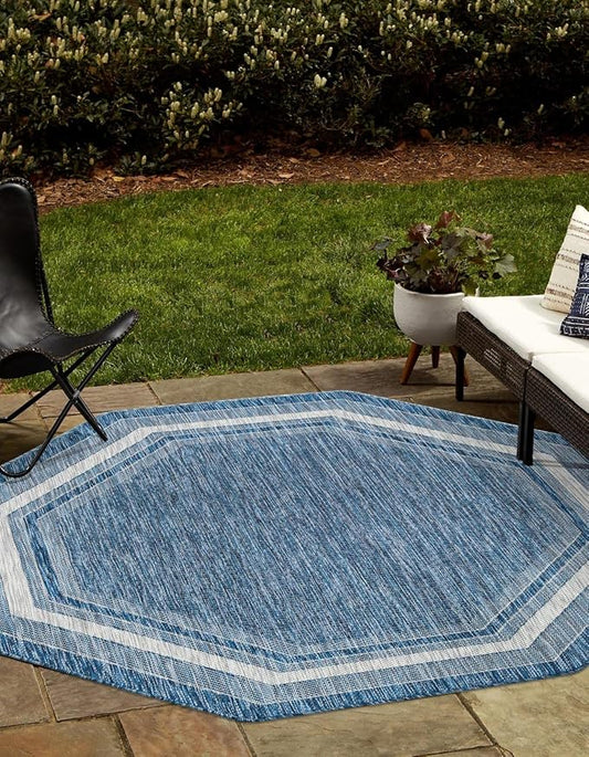 Unique Loom Outdoor Border Collection Area Rug - Soft Border (5' 3" Octagon, Blue/ Ivory)