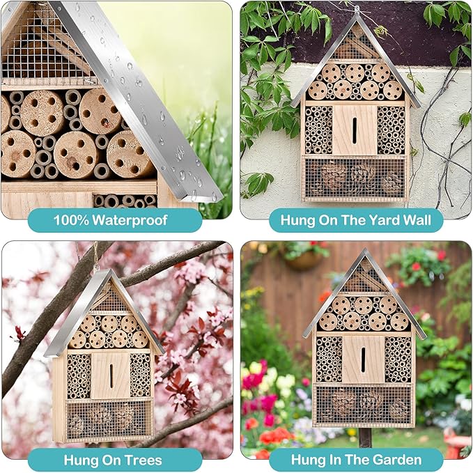 Wooden Mason Insect Bee Butterfly House,Insect Hotel,an Outdoor Hanging Bamboo Habitat for Bee Butterfly Ladybugs Live,Bee Box,Butterfly Habitat for Garden,9 x 15.7 x 2.5 Inch