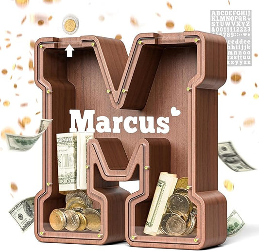 Summidate Wooden Letter Piggy Bank, Extra Thick Large Capacity Piggy Bank for Kids Boys Girls Toddler, Alphabet M Money Bank| Coin Box Birthday, Christmas, Festival