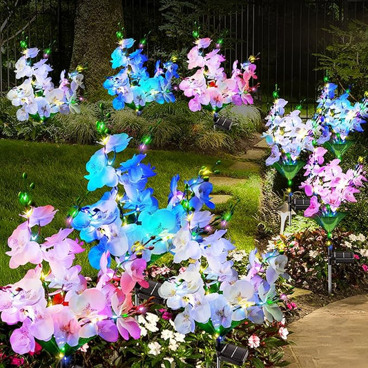 Solar Garden Lights Outdoor Decor, 3 Pack Newest Version Phalaenopsis Orchid Flower Solar Lights for Outside, 240 LED Colorful Waterproof Solar Lights Outdoor for Yard Patio Decor, Gift for Mom
