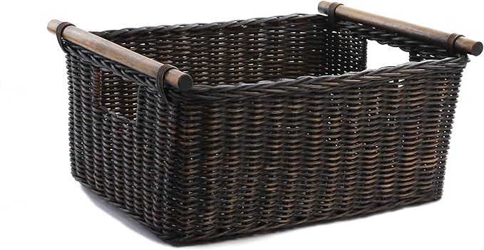 The Basket Lady Pole Handle Wicker Storage Basket, Extra Large, 20 in L x 16 in W x 10 in H, Antique Walnut Brown