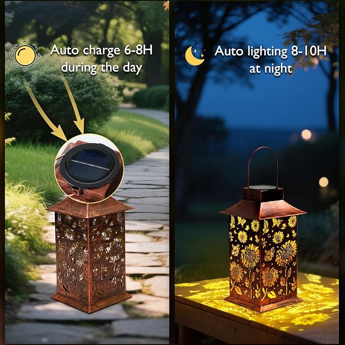Homemory Sunflower Solar Lanterns Waterproof, Metal Hanging Hollowed-Out Metal Decor Lantern, LED Outdoor Decoration for Outside LED Lanternse for Yard, Backyard, Porch, Lawn