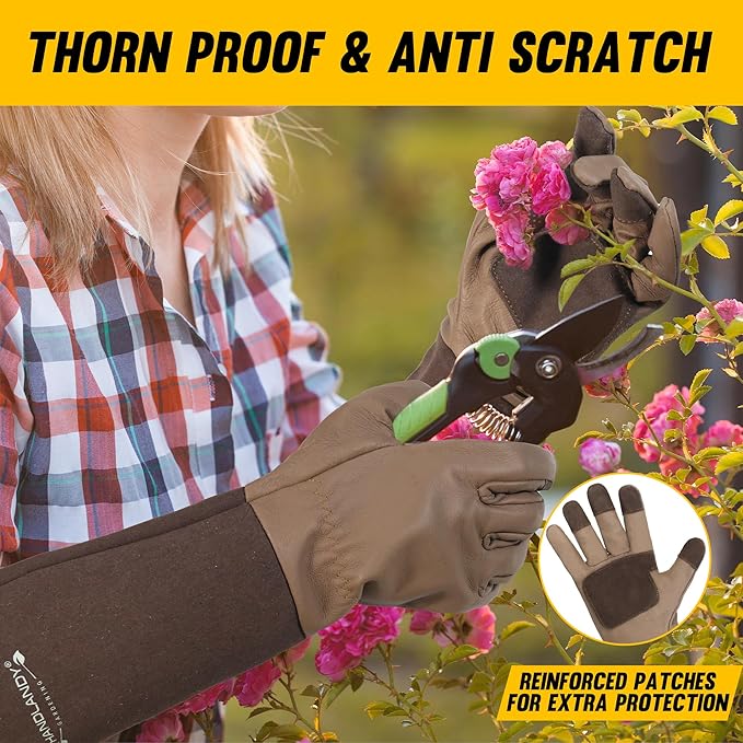 HANDLANDY Long Gardening Gloves for Men & Women, Cowhide Leather Rose Pruning Gloves- Breathable & Durable Gauntlet Glove (Large, Brown)
