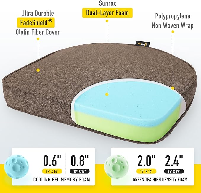 SUNROX Gel Memory Foam Chair Cushions, FadeShield Water-, Stain-Resistant Durable Reversible Seat Cushion Pads with Ties for Indoor/Outdoor Kitchen Dining Office, 19"x19", Set of 4, Heather Chestnut