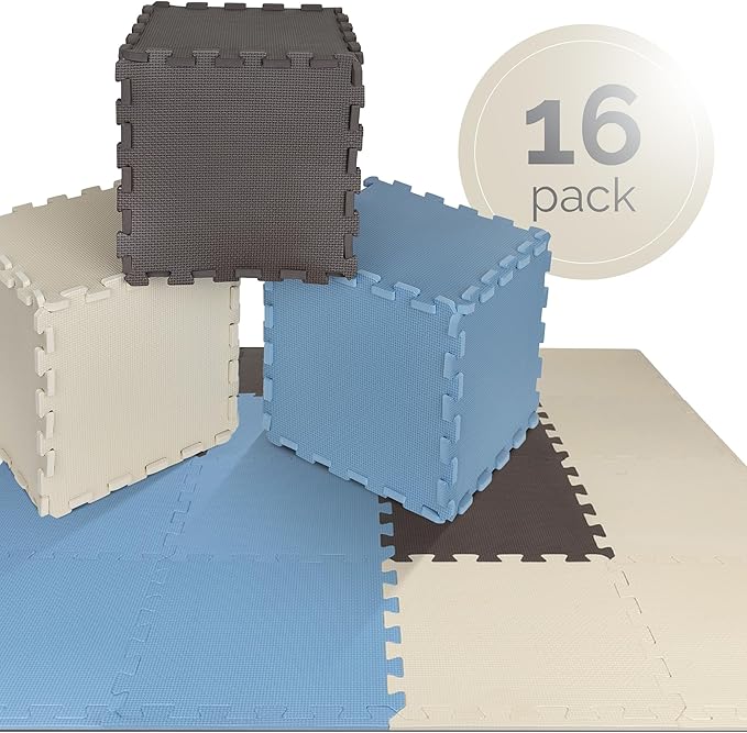 TOYVELT Foam Puzzle Floor Mat for Kids 12x12-32 Tiles Interlocking Play Mat with Colors - Educational Large Puzzle Foam Floor Tiles for Crawling, Non-Toxic - Blue-Brown-Beige